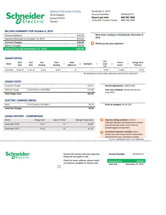 Yemen Schneider Electric utility bill template in Word and PDF format
